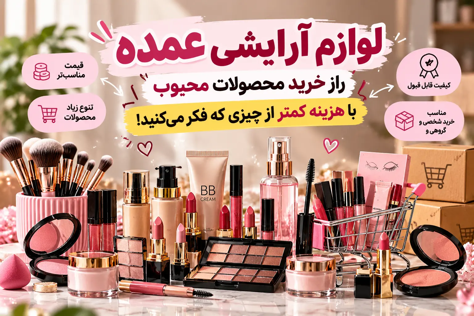 خرید لوازم آرایشی عمده با قیمت مناسب شامل رژ لب، کرم پودر، ریمل و محصولات زیبایی
