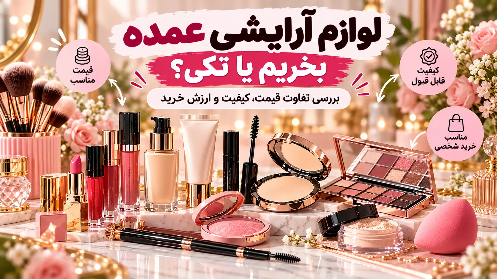 مقایسه خرید لوازم آرایشی عمده و تکی شامل رژ لب، کرم پودر، ریمل و محصولات آرایشی