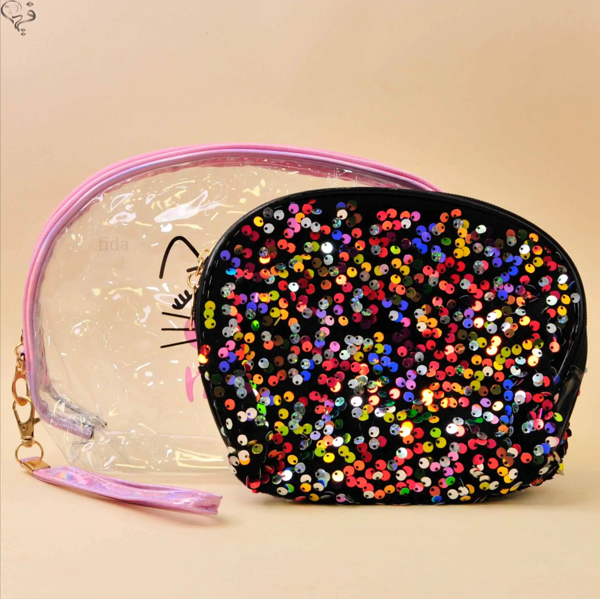 کیف آرایشی 2 تیکه طرح گربه پولک دار 